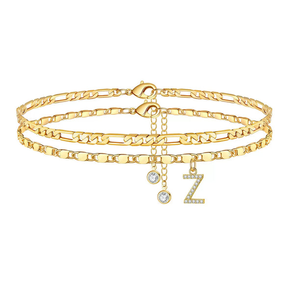 Women's Stainless Steel Figaro Chain Anklet With Zircon Letter Charms Gold Plated Inlaid Artificial Gemstones Layered Fashion Foot Jewelry