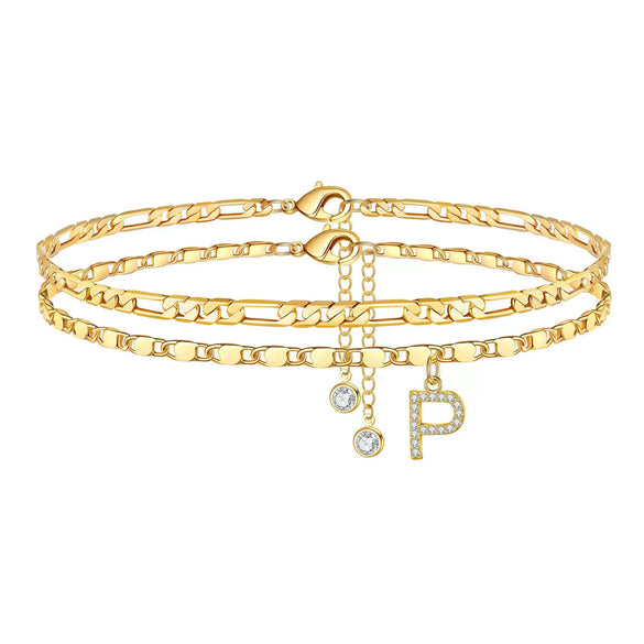 Women's Stainless Steel Figaro Chain Anklet With Zircon Letter Charms Gold Plated Inlaid Artificial Gemstones Layered Fashion Foot Jewelry