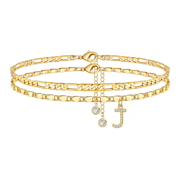 Women's Stainless Steel Figaro Chain Anklet With Zircon Letter Charms Gold Plated Inlaid Artificial Gemstones Layered Fashion Foot Jewelry