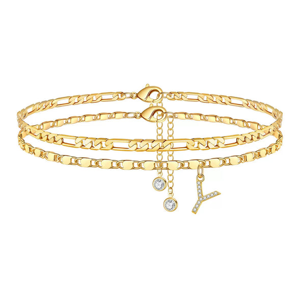 Women's Stainless Steel Figaro Chain Anklet With Zircon Letter Charms Gold Plated Inlaid Artificial Gemstones Layered Fashion Foot Jewelry