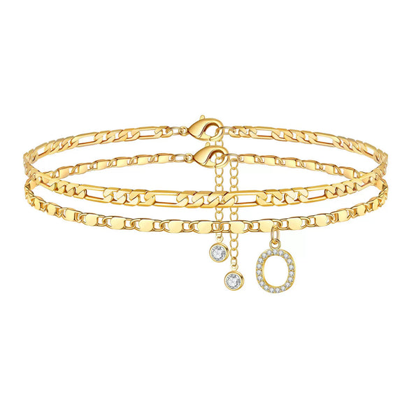 Women's Stainless Steel Figaro Chain Anklet With Zircon Letter Charms Gold Plated Inlaid Artificial Gemstones Layered Fashion Foot Jewelry