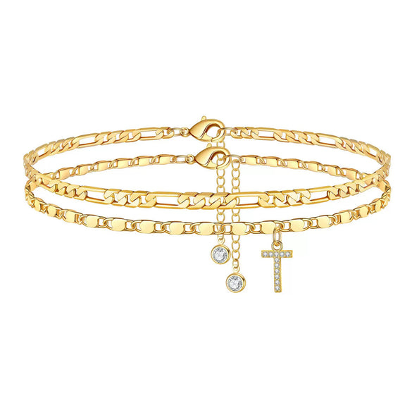 Women's Stainless Steel Figaro Chain Anklet With Zircon Letter Charms Gold Plated Inlaid Artificial Gemstones Layered Fashion Foot Jewelry