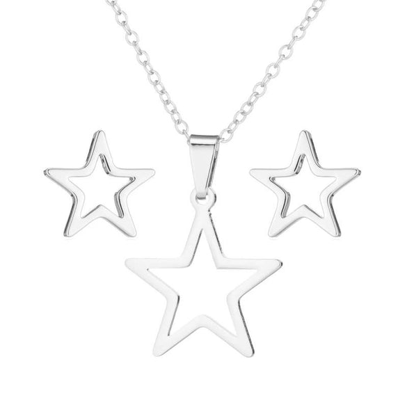 Women's Stainless Steel Fivepointed Star Necklace And Earrings Set With Hollow Geometric Pendants And Electroplated Finish