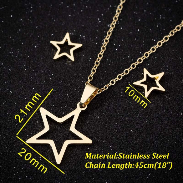 Women's Stainless Steel Fivepointed Star Necklace And Earrings Set With Hollow Geometric Pendants And Electroplated Finish