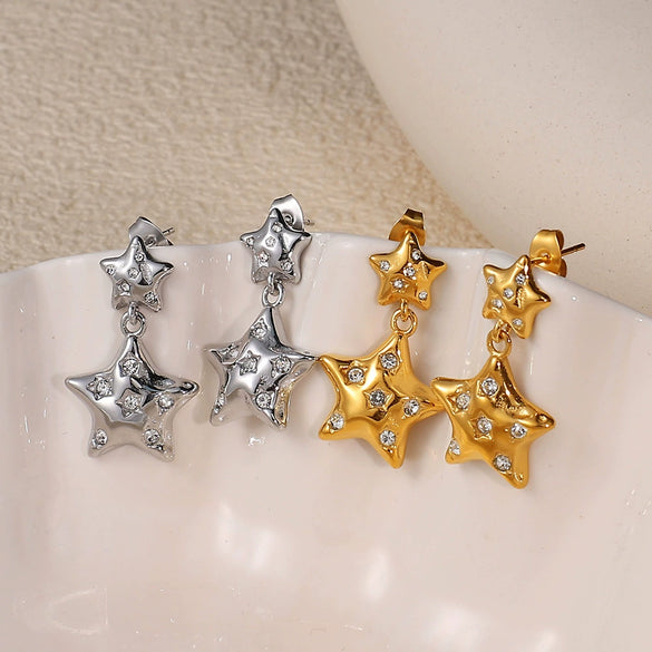 Women's 316L Stainless Steel Fivepointed Star Rhinestone Inlaid Electroplated Earrings Fashion Style