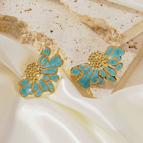 Women's Stainless Steel Floral Earrings With Enamel Oil Drip Finish Sweet Textured Flower Design Electroplated Fashion Jewelry