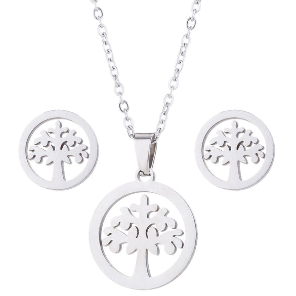 Women's Stainless Steel Floral Plant Motif Necklace And Earrings Jewelry Set With Electroplated Finish