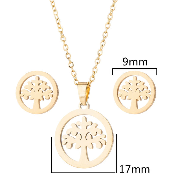 Women's Stainless Steel Floral Plant Motif Necklace And Earrings Jewelry Set With Electroplated Finish