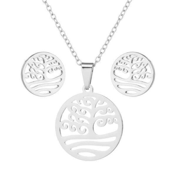 Women's Stainless Steel Floral Plant Motif Necklace And Earrings Jewelry Set With Electroplated Finish