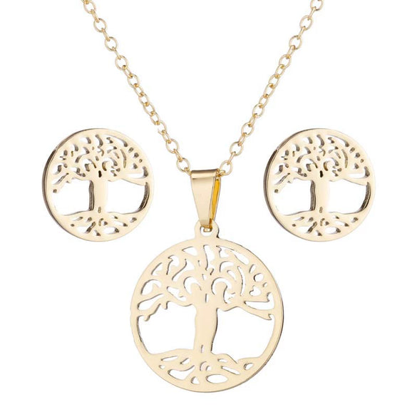 Women's Stainless Steel Floral Plant Motif Necklace And Earrings Jewelry Set With Electroplated Finish