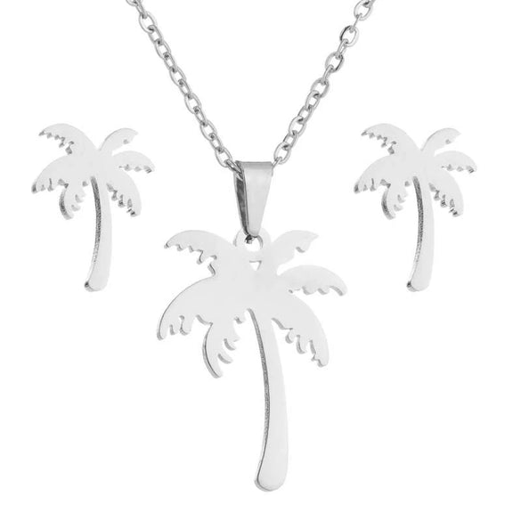 Women's Stainless Steel Floral Plant Motif Necklace And Earrings Jewelry Set With Electroplated Finish