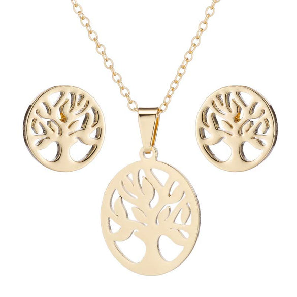 Women's Stainless Steel Floral Plant Motif Necklace And Earrings Jewelry Set With Electroplated Finish