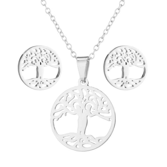 Women's Stainless Steel Floral Plant Motif Necklace And Earrings Jewelry Set With Electroplated Finish