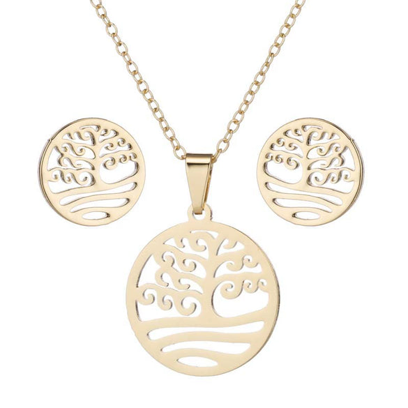 Women's Stainless Steel Floral Plant Motif Necklace And Earrings Jewelry Set With Electroplated Finish