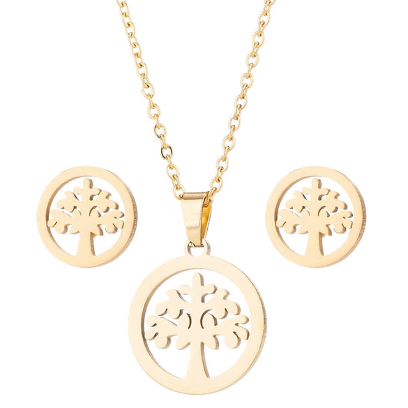 Women's Stainless Steel Floral Plant Motif Necklace And Earrings Jewelry Set With Electroplated Finish
