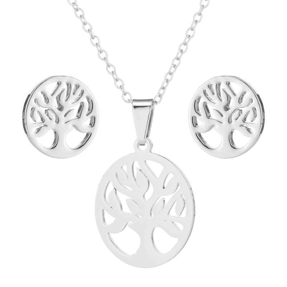 Women's Stainless Steel Floral Plant Motif Necklace And Earrings Jewelry Set With Electroplated Finish