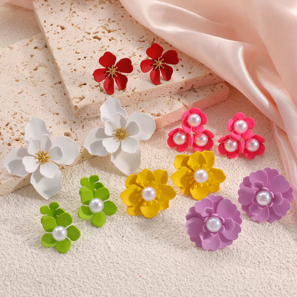 Women's Stainless Steel Flower Drop Earrings With Dripping Oil Finish Long Versatile Floral Jewelry Accessories