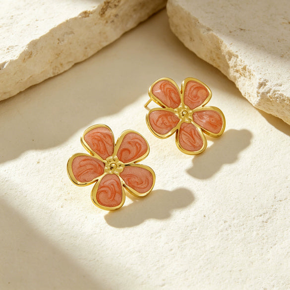 Women's Stainless Steel Flower Earrings With Dripping Oil Finish Sweet High End Floral Design Non Fading Fashion Jewelry