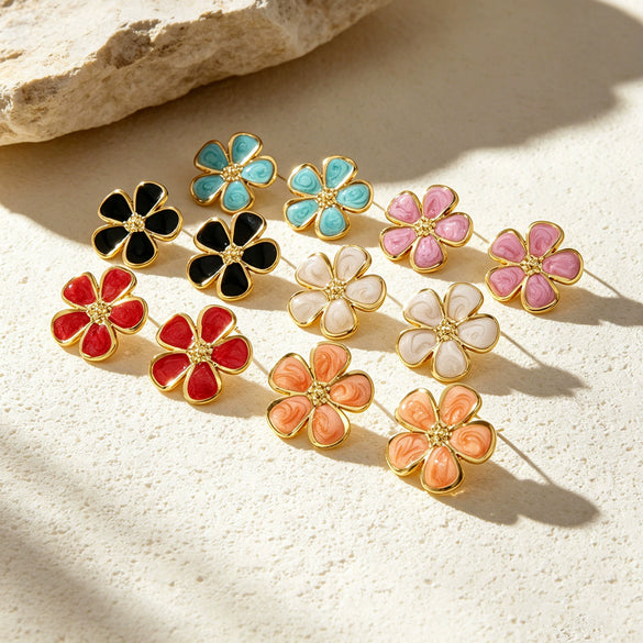 Women's Stainless Steel Flower Earrings With Dripping Oil Finish Sweet High End Floral Design Non Fading Fashion Jewelry