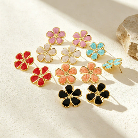 Women's Stainless Steel Flower Earrings With Dripping Oil Finish Sweet High End Floral Design Non Fading Fashion Jewelry