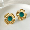 Women's Stainless Steel Flower Earrings With Retro Highend Sense Emerald Oil Painting Sense Electroplating Treatment