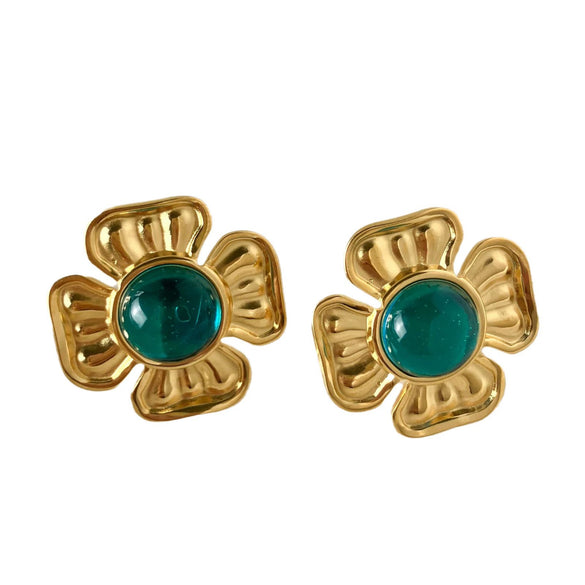 Women's Stainless Steel Flower Earrings With Retro Highend Sense Emerald Oil Painting Sense Electroplating Treatment