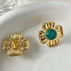 Women's Stainless Steel Flower Earrings With Retro Highend Sense Emerald Oil Painting Sense Electroplating Treatment