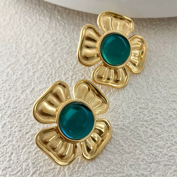Women's Stainless Steel Flower Earrings With Retro Highend Sense Emerald Oil Painting Sense Electroplating Treatment