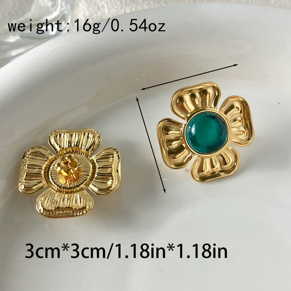 Women's Stainless Steel Flower Earrings With Retro Highend Sense Emerald Oil Painting Sense Electroplating Treatment