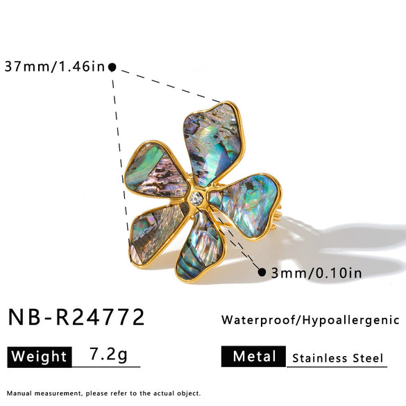 Women's Stainless Steel Flower Jewelry Set With Rhinestones Shell Pendant Necklace Bracelet Earrings And Ring 18K Vacuum Plated