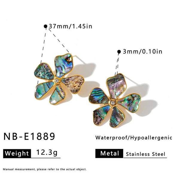 Women's Stainless Steel Flower Jewelry Set With Rhinestones Shell Pendant Necklace Bracelet Earrings And Ring 18K Vacuum Plated
