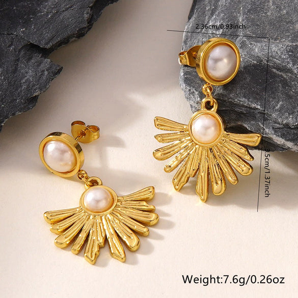 Women's Stainless Steel Flower Pearl Stud Earrings Fan Shaped Floral Earrings With Electroplated Fashion Style