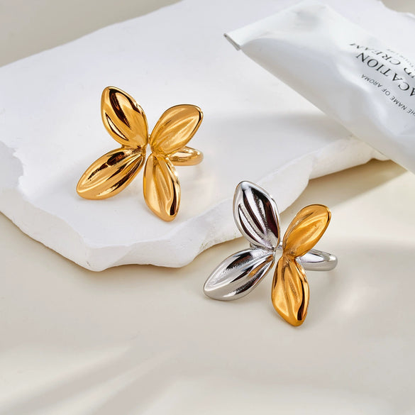 Women's Stainless Steel Flower Shaped Open Ring With 18K Gold Vacuum Plating Lightweight Modern Geometric Style