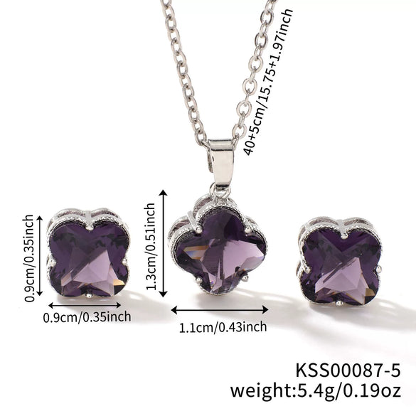 Women's Stainless Steel Four Leaf Clover Jewelry Set With Multicolor Micro Inlaid Rhinestone Earrings And Necklace Floral Plant Design