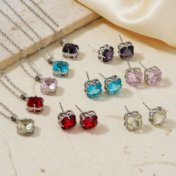 Women's Stainless Steel Four Leaf Clover Jewelry Set With Multicolor Micro Inlaid Rhinestone Earrings And Necklace Floral Plant Design