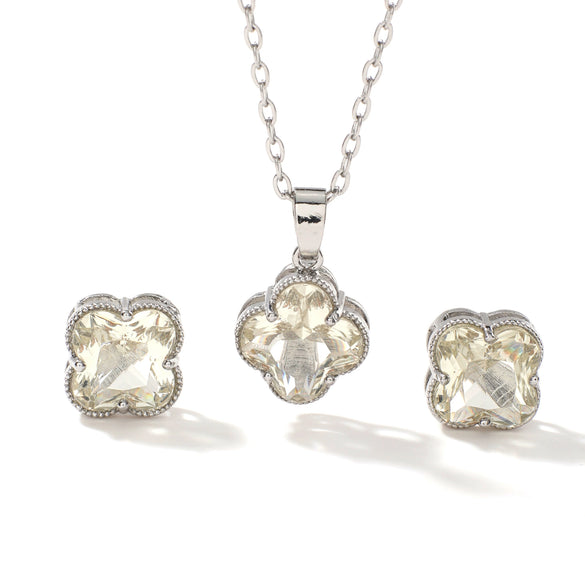 Women's Stainless Steel Four Leaf Clover Jewelry Set With Multicolor Micro Inlaid Rhinestone Earrings And Necklace Floral Plant Design