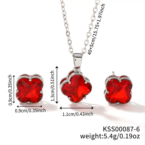Women's Stainless Steel Four Leaf Clover Jewelry Set With Multicolor Micro Inlaid Rhinestone Earrings And Necklace Floral Plant Design