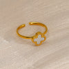 Women's Stainless Steel Four Leaf Clover Open Ring With Shell Inlay Geometric Line Design Adjustable Fashion Jewelry