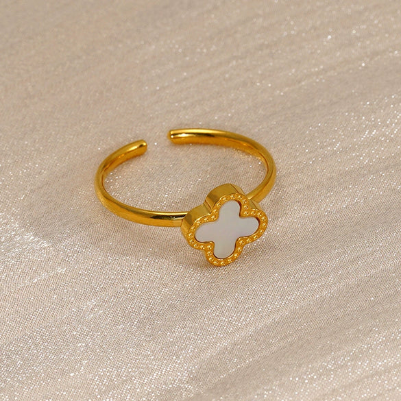 Women's Stainless Steel Four Leaf Clover Open Ring With Shell Inlay Geometric Line Design Adjustable Fashion Jewelry