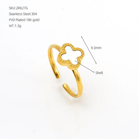 Women's Stainless Steel Four Leaf Clover Open Ring With Shell Inlay Geometric Line Design Adjustable Fashion Jewelry