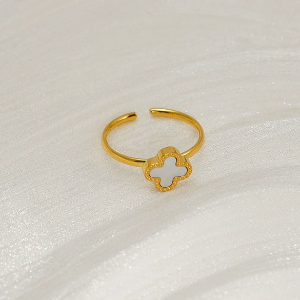 Women's Stainless Steel Four Leaf Clover Open Ring With Shell Inlay Geometric Line Design Adjustable Fashion Jewelry