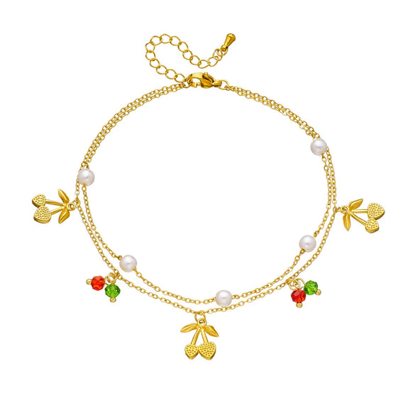 Women's Stainless Steel Fruit Shape Cherry Pendant Doublelayer Chain Anklet