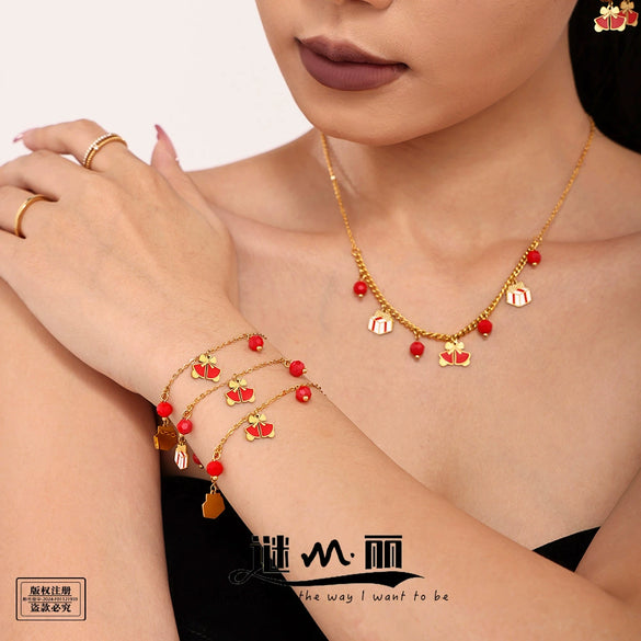 Women's Stainless Steel Garnet Enamel Geometric Pendant Jewelry Set With Necklace Bracelet And Earrings