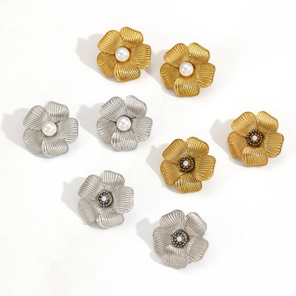 Women's Stainless Steel Geometric And Flower Style Earrings With Real Gold Plating