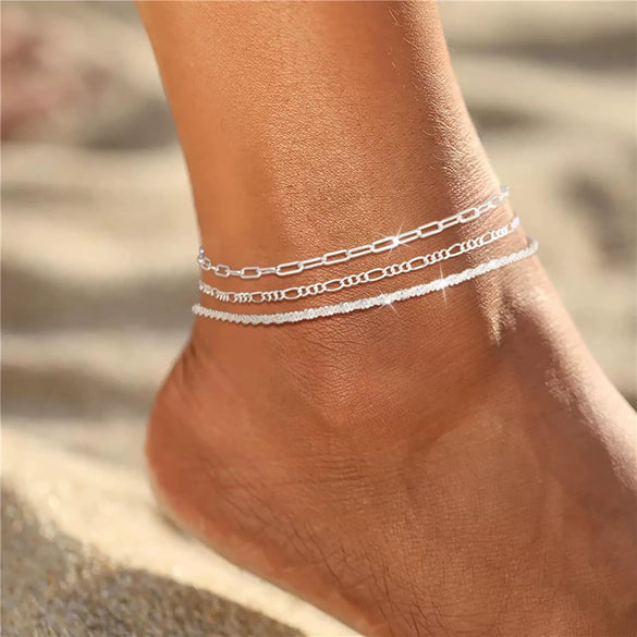 Women's Stainless Steel Geometric Anklet Set Sparkling Fashion Beach Foot Jewelry Versatile Silver Tone Ankle Chain Accessories
