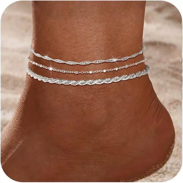 Women's Stainless Steel Geometric Anklet Set Sparkling Fashion Beach Foot Jewelry Versatile Silver Tone Ankle Chain Accessories