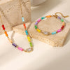 Women's Stainless Steel Geometric Bamboo Pattern Necklaces And Bracelets With Zircon And Imitation Shell Accents Vacuum Plated Finish