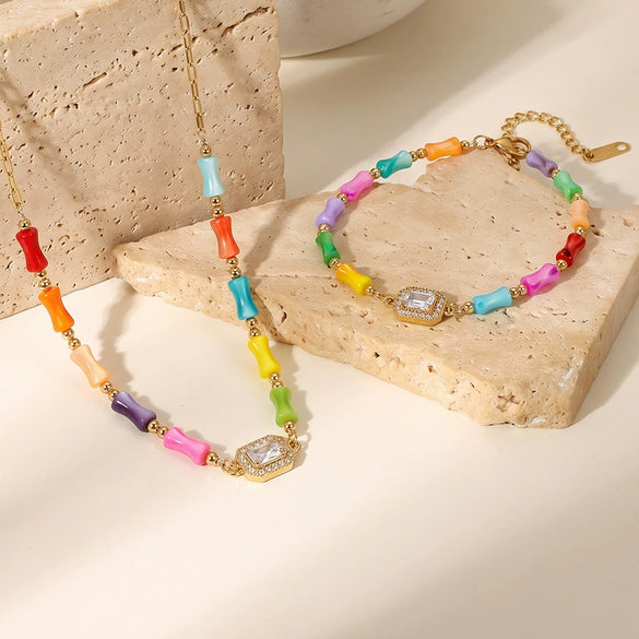 Women's Stainless Steel Geometric Bamboo Pattern Necklaces And Bracelets With Zircon And Imitation Shell Accents Vacuum Plated Finish