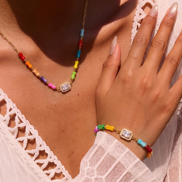 Women's Stainless Steel Geometric Bamboo Pattern Necklaces And Bracelets With Zircon And Imitation Shell Accents Vacuum Plated Finish