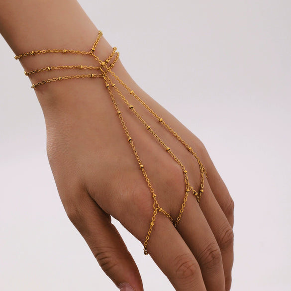 Women's Stainless Steel Geometric Beaded Finger Chain And Bracelet 18K Gold Plated Jewelry